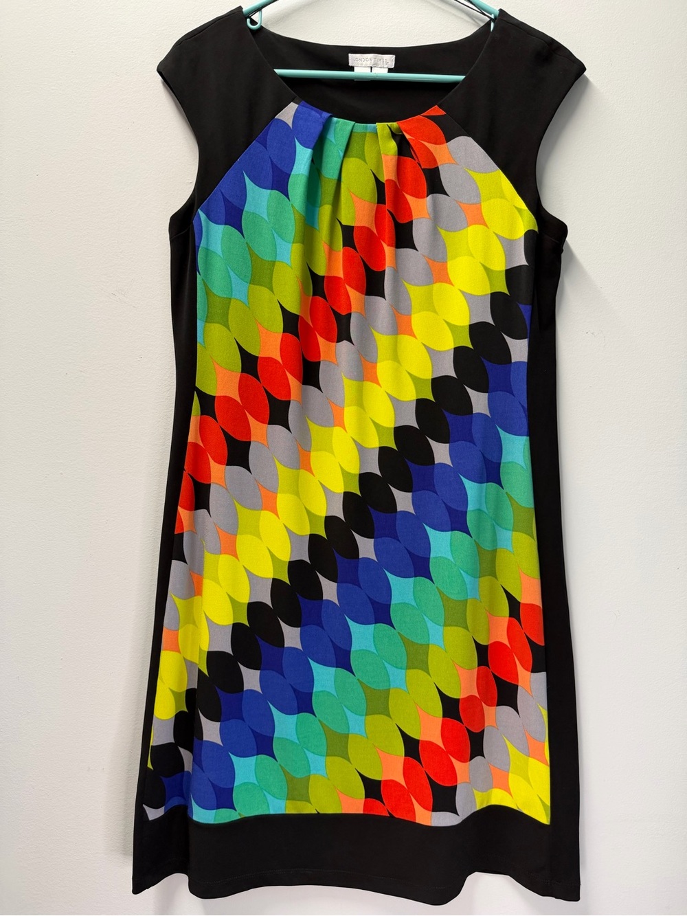 London Times Black Dress with Multicolor Geo Panel Size 8 - Picture 1 of 7